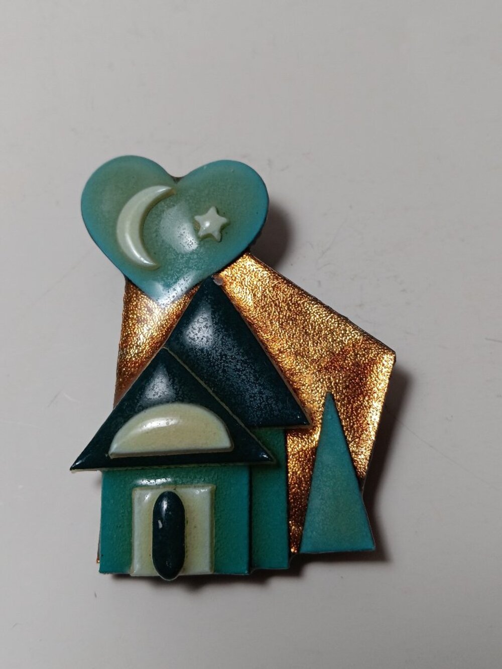 Vintage house pins by lucinda teal house heart moon star glitter brooch pin